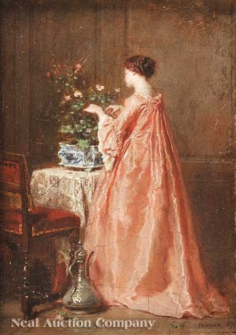 A Second Empire Interior Woman In Pink Arranging Flowers By