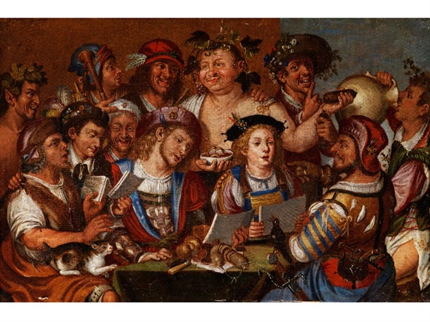 Singende Tischgesellschaft mit Bacchus bei Wein und Würsten by Niccolò ...