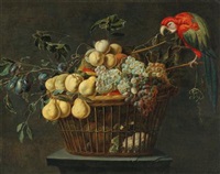 Still life of a basket of fruit with a parrot Still life of a basket of fruit with a parrot