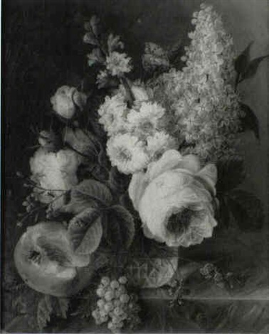 Roses Lilacs And Other Flowers In A Crystal Vase Insects And A