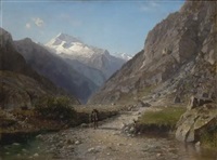 Alpine landscape, with a wanderer on a path; Alpine landscape, with a wanderer on a path;