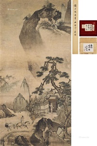 深山访友图 立轴 设色纸本