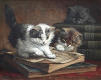 Three kittens playing on a stack of books Three kittens playing on a stack of books