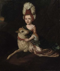 Portrait of a girl in a pink dress, seated by a... Portrait of a girl in a pink dress, seated by a...