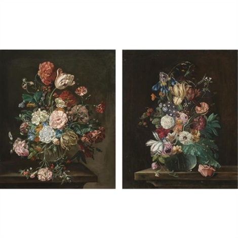 A Still Life With A Bouquet Of Flowers In A Glass Vase Including