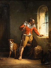 Soldaat met hond bij venster