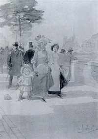 Ladies strolling on a quay along the Seine Ladies strolling on a quay along the Seine