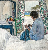 Woman Knitting in a Sunlit Bedroom, 1920
