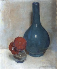 A still life with red flowers and a blue vase A still life with red flowers and a blue vase