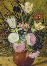 roses, carnations, tulips and other flowers in a vase by ambrosius brueghel