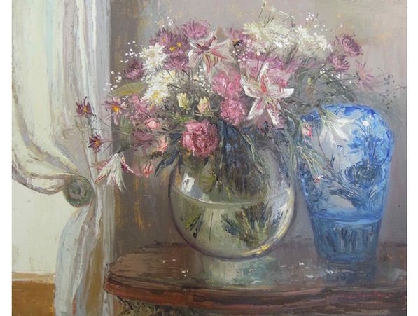 Still Life With Peonies In A Vase And Blue And White China By