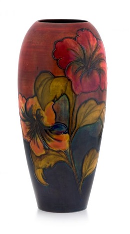 A Large William Moorcroft Hibiscus Pattern Flambe Vase By William