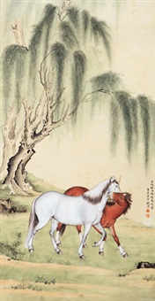柳下双骏 立轴 设色纸本 ( horses), 1922