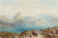 Figures beside an Italian lake