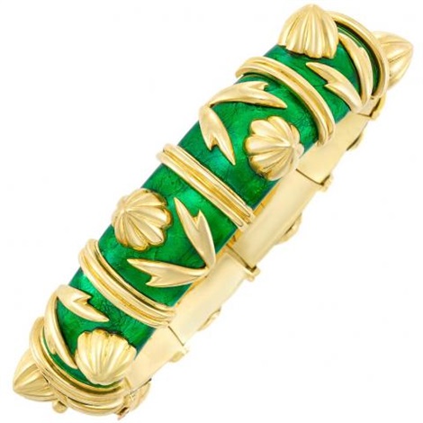 Gold and Green Paillonne Enamel Bangle Bracelet, Tiffany Co., Schlumberger, France by Jean 