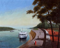 Figures on the promenade by the lake