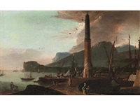 MEDITERRANER HAFEN MIT FIGUREN AN EINEM KAI MEDITERRANER HAFEN MIT FIGUREN AN EINEM KAI