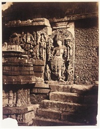 Halebid. Sculpture and stairs at entrance to , 1856 Halebid. Sculpture and stairs at entrance to , 1856