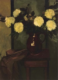 A still life with peonies in a vase