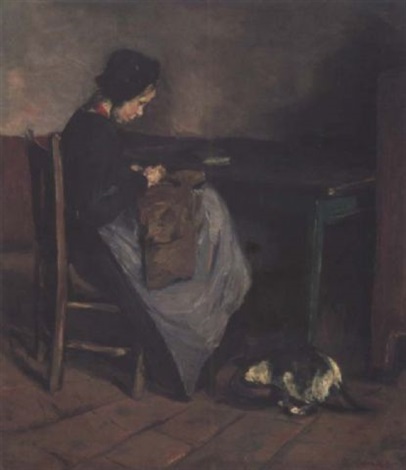 Nähendes Mädchen mit Katze - Holländisches Interieur by Max ... Nähendes Mädchen mit Katze - Holländisches Interieur by Max ...