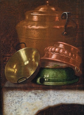 Küchenstillleben mit Kupfer-, Messing- und Fayencegefäßen by E.R