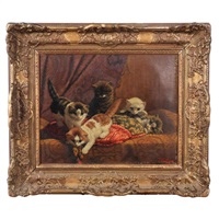 Cornelis RAAPHORST: Playful Kittens - Oil Painting Cornelis RAAPHORST: Playful Kittens - Oil Painting