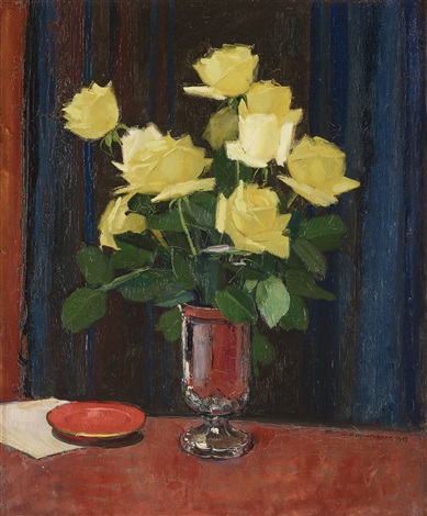 Still Life With Yellow Roses In A Silver Vase By Olle Hjortzberg