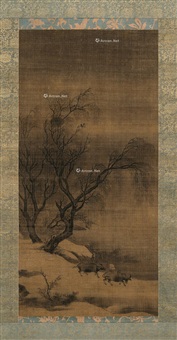 柳堤牧童图 立轴 水墨绢本