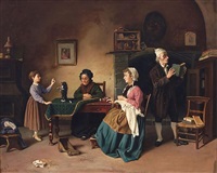 Interior with four figures and a dog