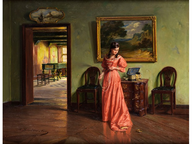 Junge Dame im Interieur beim Anlegen einer Perlenkette by Albert ... Junge Dame im Interieur beim Anlegen einer Perlenkette by Albert ...