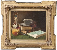Still Life with wine glass, pipe & books