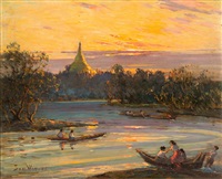 Sunset Over Pagoda with River in Foreground, 1966 Sunset Over Pagoda with River in Foreground, 1966