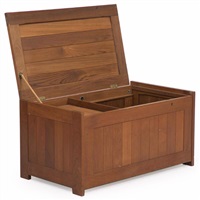 Teak chest with brass fittings and leather strap Teak chest with brass fittings and leather strap