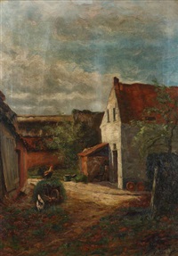 Cour de ferme animée de poules, 1920