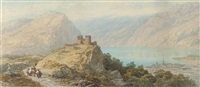 Figure passing the ruined castle by the lake of... Figure passing the ruined castle by the lake of...