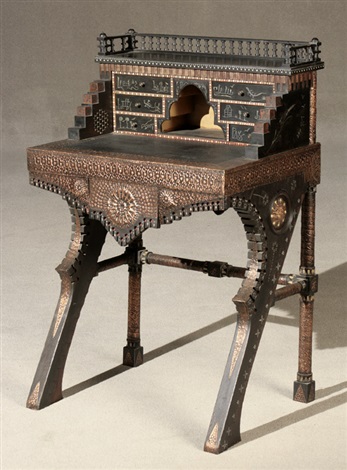 Carlo Bugatti Metal And Bone Inlaid Hammered Copper Mounted Carlo Bugatti Metal And Bone Inlaid Hammered Copper Mounted Black Lacquered Wood Writing Desk