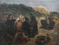 Fischergruppe mit Mädchen / am Strande von..., 1882 Fischergruppe mit Mädchen / am Strande von..., 1882