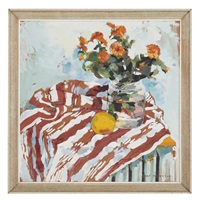 Still Life of Zinnias and Orange on Tablecloth... Still Life of Zinnias and Orange on Tablecloth...