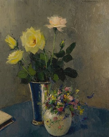 Still Life Of Roses And Spring Flowers In Vases By Olle Hjortzberg