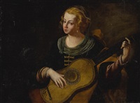 PORTRAIT OF A LADY, HALF LENGTH, PLAYING A...