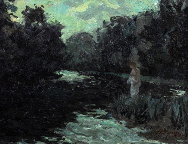 Badende Frau am Flussufer bei Mondschein by Hermann Pleuer on artnet