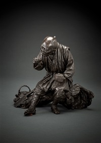 A FINE BRONZE MODEL OF A SEATED FARMER..., 1900–1910 A FINE BRONZE MODEL OF A SEATED FARMER..., 1900–1910
