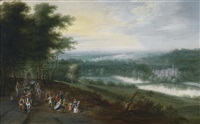 Weite Flusslandschaft mit Reisenden und... Weite Flusslandschaft mit Reisenden und...