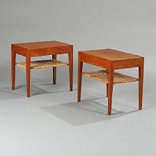 A Pair Of Teak Lamp Tables Underlying Shelf With Woven Cane A Pair Of Teak Lamp Tables Underlying Shelf With Woven Cane