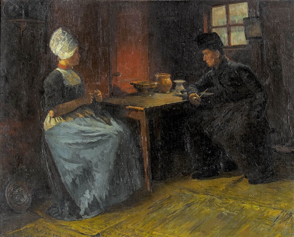 Holländisches Interieur mit Mann und Frau am Tisch by Jules Benoit ... Holländisches Interieur mit Mann und Frau am Tisch by Jules Benoit ...