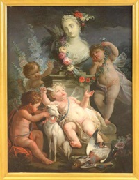 Putti allegorici con levriero, festoni di fiori... Putti allegorici con levriero, festoni di fiori...