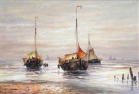Vue de plage avec bateaux de pêche au coucher de Vue de plage avec bateaux de pêche au coucher de