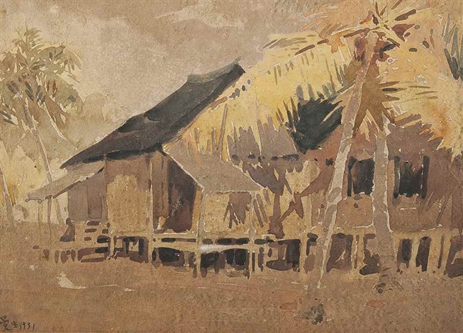 Karya Yong Mun Sen Kampung Di Tepi Laut 1952 Cat Air - Yong Mun Sen