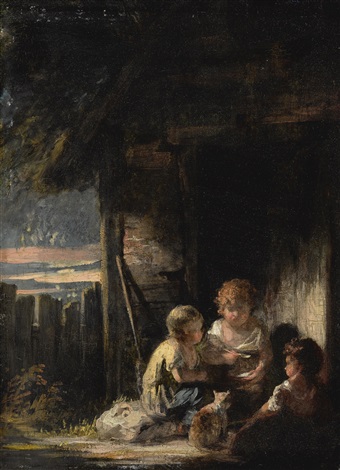 Three Children Outside A Cottage Door With A Cat By Joshua