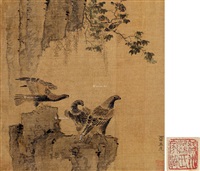 鹰石图 镜片 设色绢本 (Eagie)